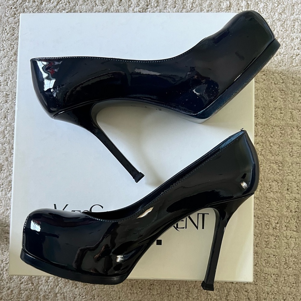 YSL Rive Gauche Saint Laurent Tribtoo platform Pump Navy Blue Patent 80mm sz 35
